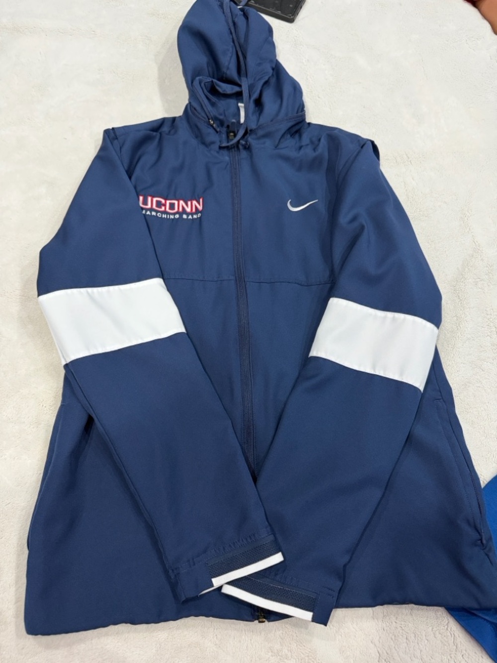 Nike Navy Hooded Windbreaker with White Sleeve Stripes